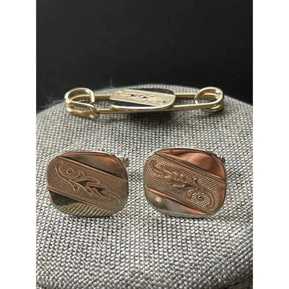 Vintage Cuff Link And Tie Bar Pin Gold Tone MCM Retro Career Business Workwear